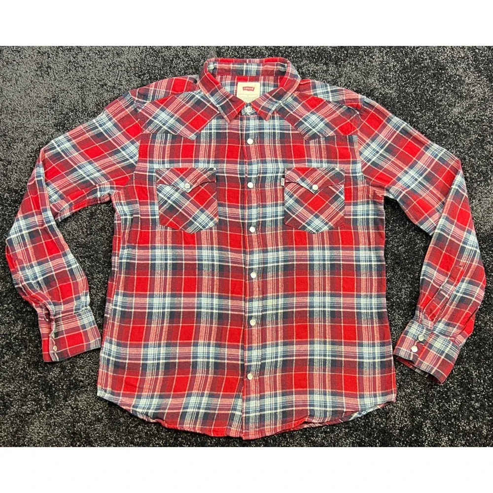 Levi's Mens Flannel‎ Western Shirt Red Blue Plaid LS Pearl Snap L 100% Cotton